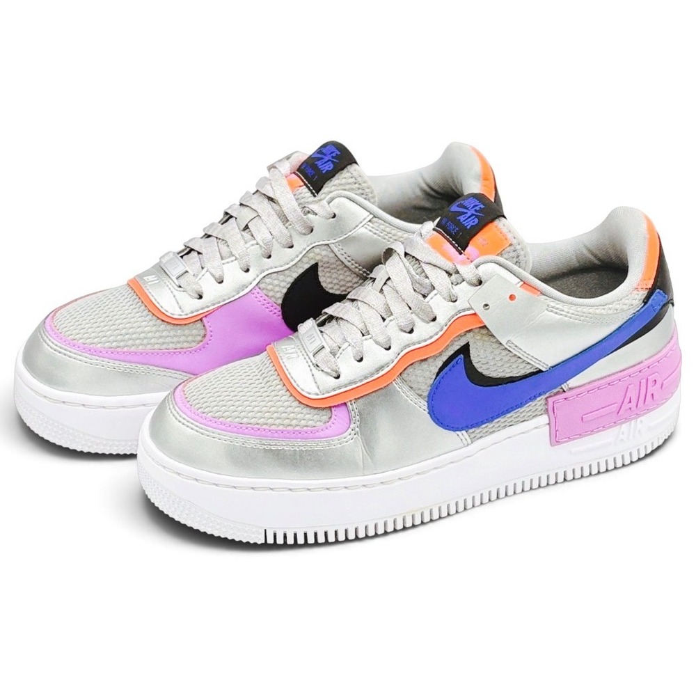 Nike Air Force 1 Shadow Women 9.5 Metallic Silver Pink Blue Shoes CW6030-001 AF1